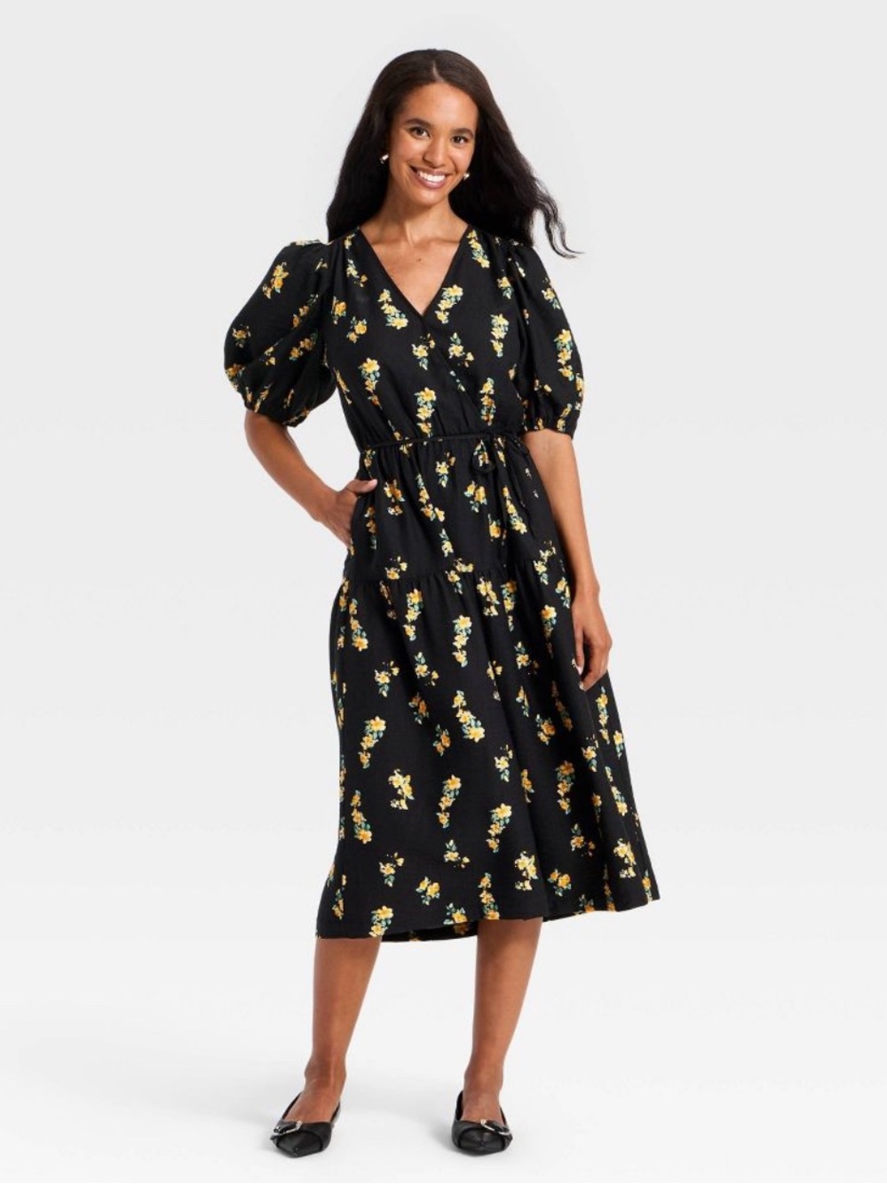 Brand New Black Floral Wrap Dress Puff-Sleeve Midi Dress Size Large